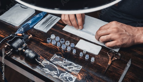 Wallpaper Mural Skilled tattoo artist carefully wrapping equipment with protective film during professional station setup routine Torontodigital.ca