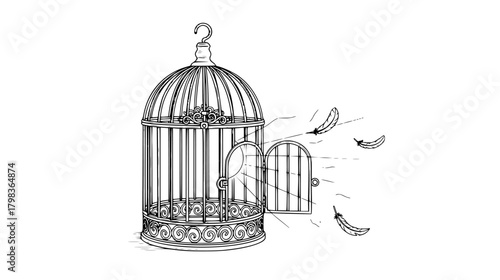 Outline drawing of open birdcage with feathers symbolizing freedom