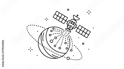Satellite orbiting planet sending wireless communication signals.