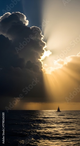 A sailboat on the ocean during sunset with dramatic clouds and sun rays breaking through the sky