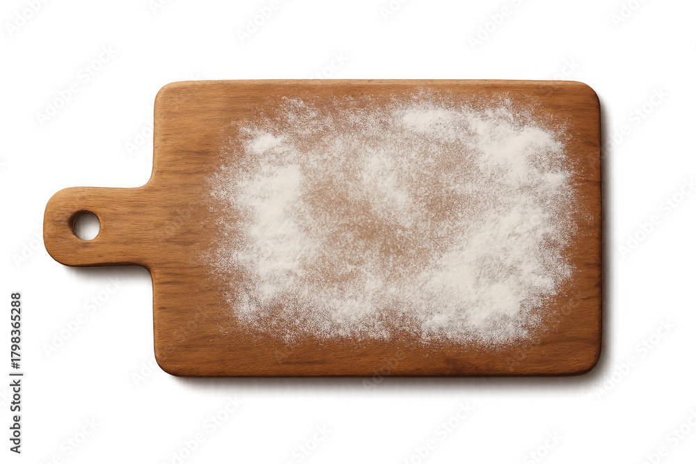 Naklejka premium Wooden cutting board with flour texture, preparing dough for baking, cooking, transparent background