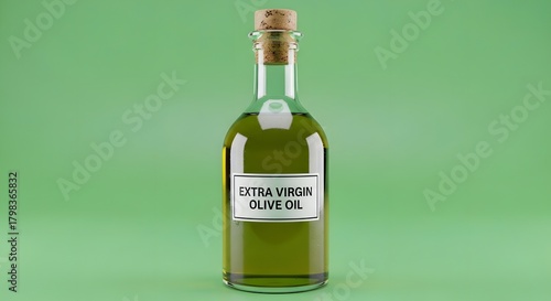 A clear glass bottle filled with extra virgin olive oil, sealed with a cork, and labeled with a simple white tag against a soft green background
