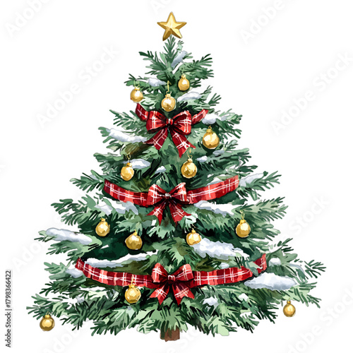 Watercolor Classic Christmas Tree with Snow, Red Ribbons, and Gold Ornaments Vector Illustration
