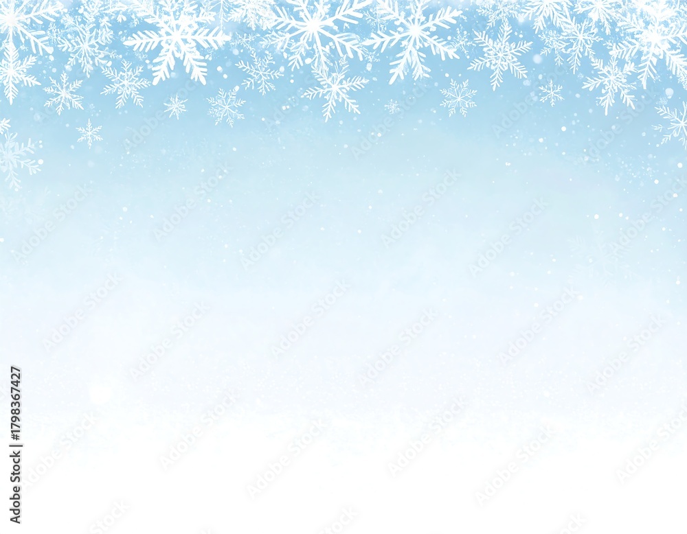 Fototapeta premium A cool blue gradient background with delicate snowflakes falling from the top