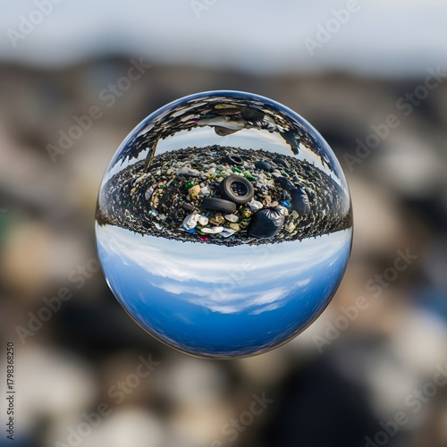 A crystal ball placed on a rocky surface reflecting the sky, trees, and surrounding environment in a detailed and artistic manner