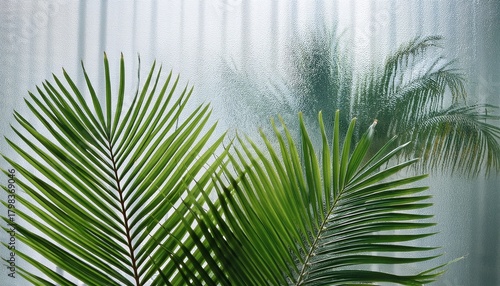 Green Palm With Reeded Glass Clear Abstract Texture Premium Modern Style Frosted Glass With Window Reflection White Ribbed Background