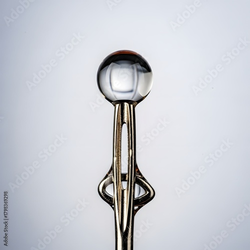 Close-up of a metallic hair removal tool with a reflective spherical head and ergonomic handle on a plain white background