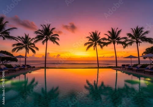 Vibrant Sunset Sky Reflected in Luxury Resort Infinity Pool