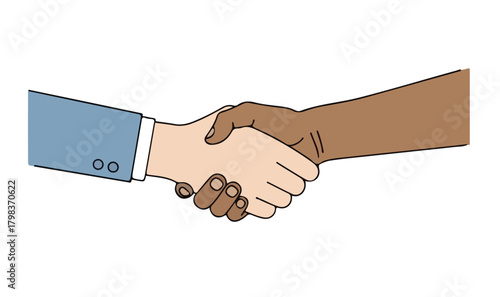 A handshake between two people, two skin colors.  One person is wearing a light blue jacket with visible buttons, while the other is shown with a bare arm