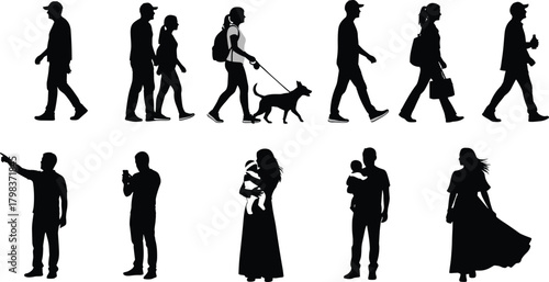 Human silhouette vector, walking and standing poses, daily activity icons, holding baby, phone, dog, cad drawing flat vector illustration