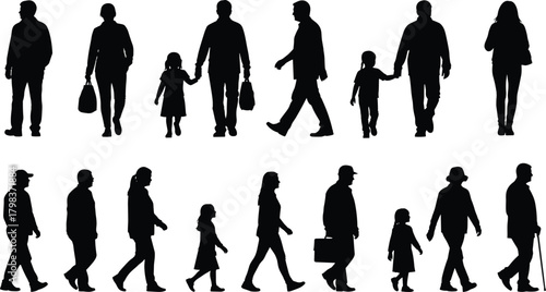 People walking silhouette, diverse human poses, family and solo figures, outdoor movement icons, cad drawing flat vector illustration