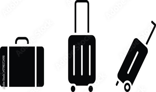 Black Luggage Icon Vector Set with Rolling Suitcase, Tilted Bag, Handle, Wheels, Travel Essentials for Vacation, Airport, and Tourism Design