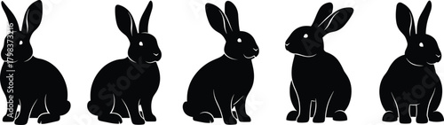 Black rabbit silhouette vector set featuring five cute bunny poses, perfect for Easter, wildlife themes, children’s design, and decoration.Black rab