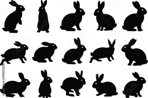 Black rabbit silhouettes in various poses, hopping, sitting, crouching, standing, perfect for wildlife icons, pet logos, and vector design.