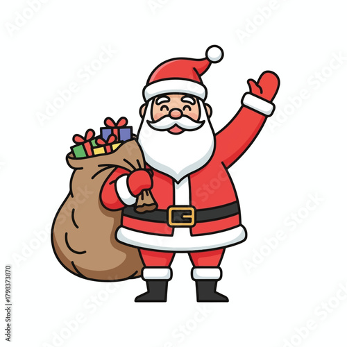 Cartoon illustration of Santa Claus holding a sack full of Christmas presents and waving, depicted in a cheerful and festive style.