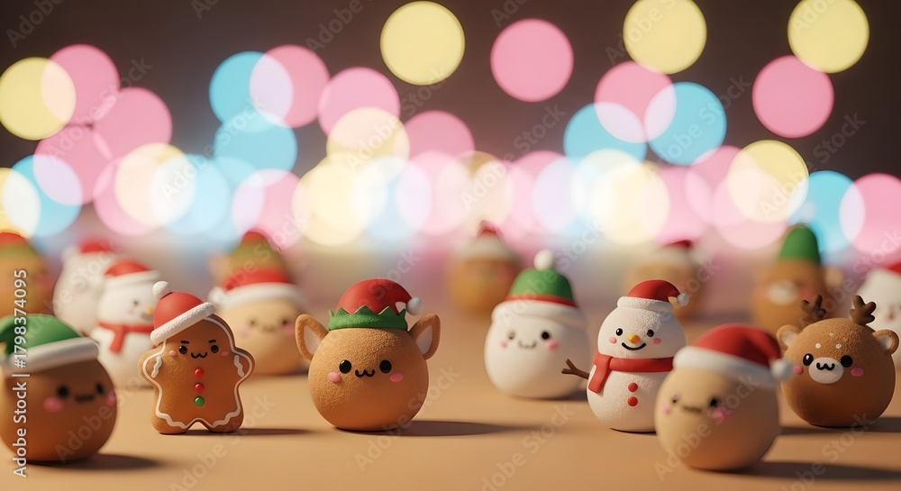 Fototapeta premium Kawaii Christmas Background with Pastel Plush Fuzzies and Glowing Holiday Bokeh.