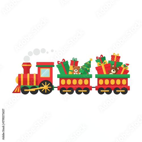 A festive cartoon Christmas train carrying a load of colorful holiday presents, a small Christmas tree, and a teddy bear.