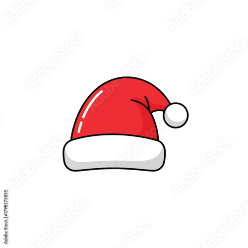 A simple cartoon illustration of a red Santa Claus hat with a white brim and pompom.