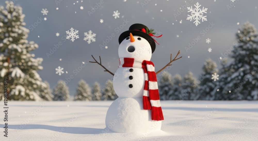 Fototapeta premium Surprised Snowman Wearing a Hat and Scarf in Falling Snow