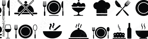 Black Silhouette Dining and Food Icons for Restaurant, Kitchen, Menu, Cooking, Tableware, Chef Hat, Cloche, Wine, and Hospitality Design