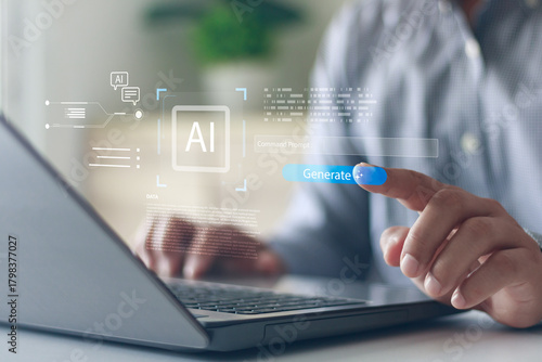 AI generation technology concept with person typing on laptop, surrounded by digital AI icons, artificial intelligence tools for daily content creation and productivity. Unlock work potential with AI.