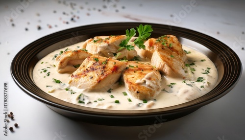 A Photograph Of Pan Seared Chicken Pieces Nestled In A Creamy White Sauce