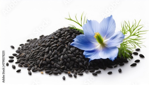 Black Cumin Seeds With Nigella Sativa Flower On White Background