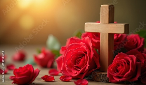 Wooden cross with red roses on warm blurred background