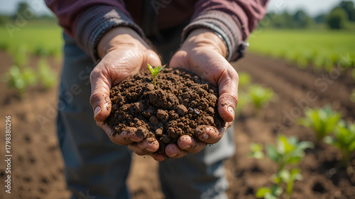 Soil in Farmers hand. Land soil prepared for planting. Farmer collecting soil. Agronomist checking soil and plant health on farm. Planting season. Humus Fertile earth ready for sowing. Soiling work.
