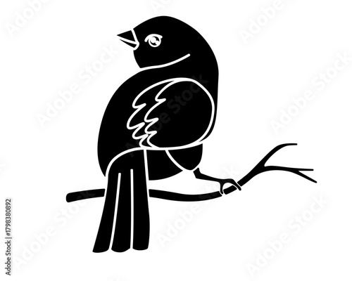 A small bird perched on a branch, a sparrow - a vector silhouette image suitable for a logo, pictogram, or stencil. A small songbird, a canary silhouette.