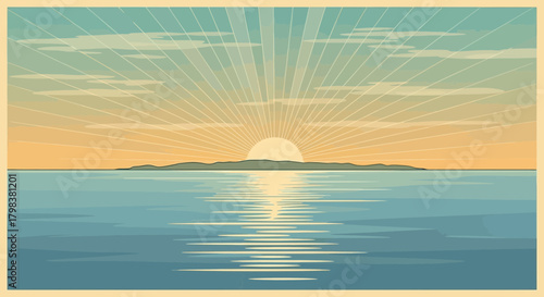 Stylized Vector Landscape: Island Silhouette at Sunrise with Water Reflection