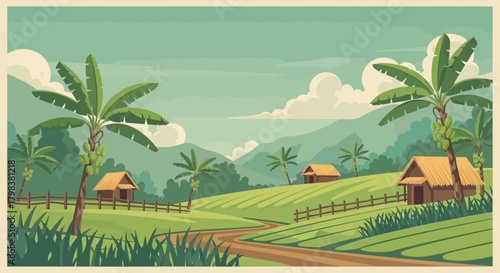 A serene tropical farm landscape with quaint huts and banana trees vector