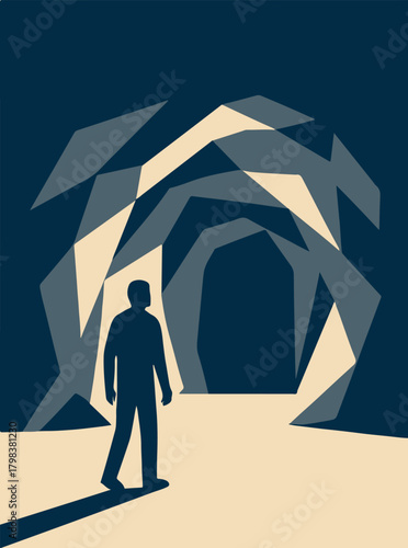 Man Silhouette Standing at Entrance of Abstract Geometric Cave Tunnel Vector Illustration Concept of Liminal Space Exploration Journey Discovery and Unknown Future
