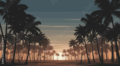 Enigmatic coastal landscape illustration featuring silhouette palm trees at dusk