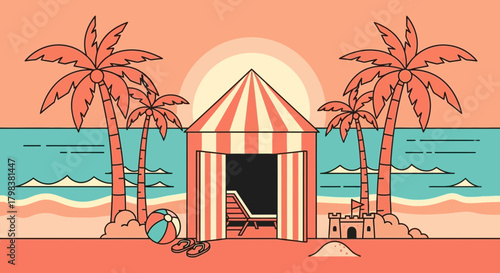 Retro summer beach illustration featuring palms, beach hut, and sandcastle