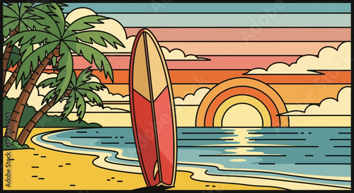 Retro Summer Beach Sunset with Surfboard and Palm Trees Illustration