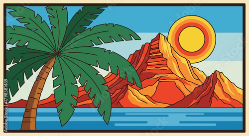 Retro Tropical Oasis Landscape with Palm Tree, Mountains, and Stylized Sun