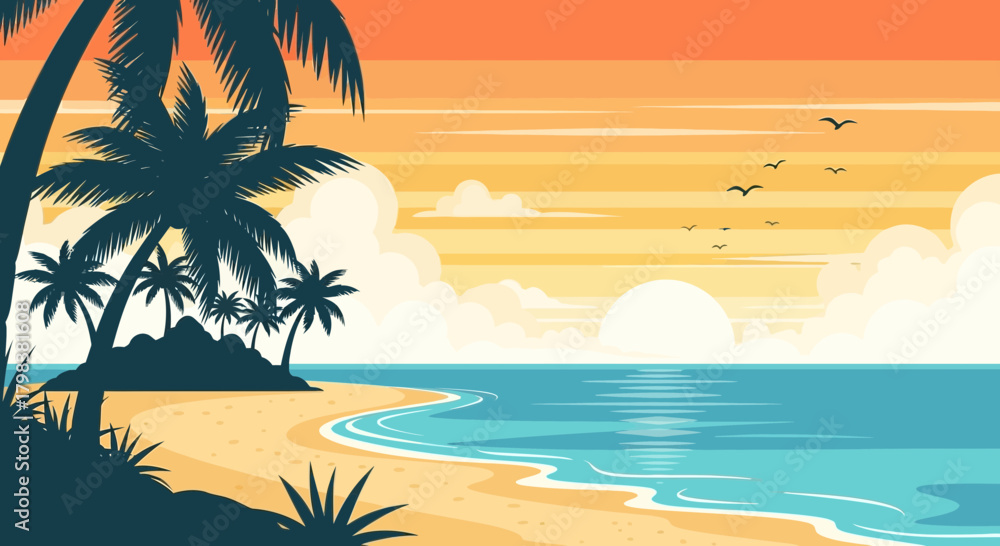 Obraz premium Scenic tropical coast with palm trees at twilight for dreamy vacations