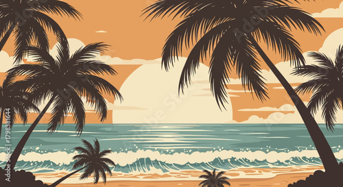 Serene tropical beach paradise with silhouetted palm trees and gentle waves