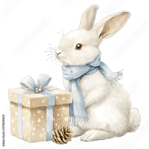 Watercolor White Bunny Rabbit with Scarf and Christmas Gift Vector Illustration
