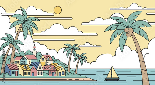Serene Tropical Coastline Illustration with Colorful Houses and Palm Trees