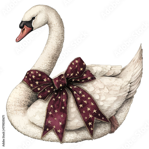 Watercolor White Swan with Vintage Burgundy Star Patterned Ribbon Bow Vector
