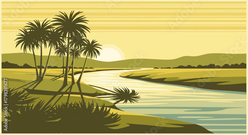 Serene tropical river scene with palm trees at sunset or sunrise artwork