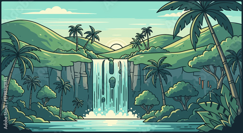Stylized Cartoon Illustration of a Tropical Waterfall with Palm Trees