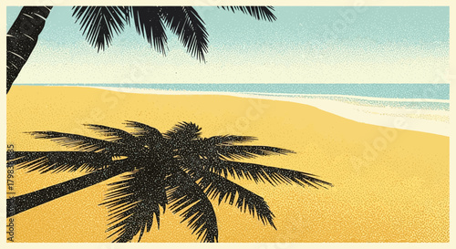 Serene vintage inspired beach scene with palm trees and calming ocean view
