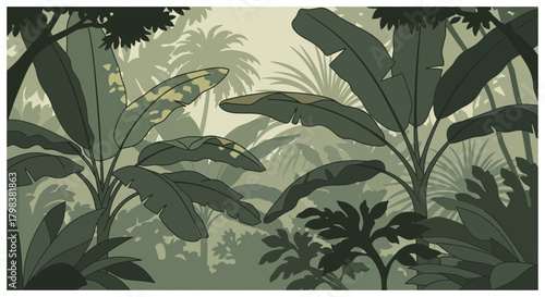 Stylized Lush Jungle Illustration with Dense Tropical Foliage and Green Shades