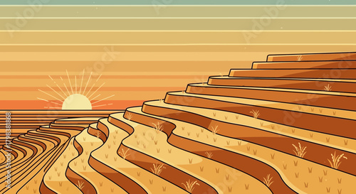 Stylized terrace rice fields at sunset, a symbol of agricultural heritage