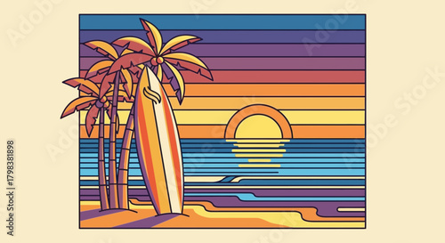 Stylized tropical beach landscape illustration with surfboard and palms
