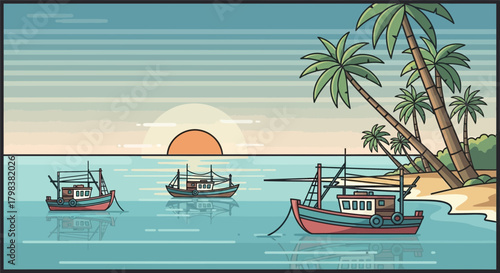 Tranquil tropical seascape with fishing boats and palm trees at sunset
