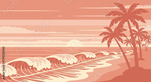 Tranquil tropical paradise vector illustration with pastel color palette